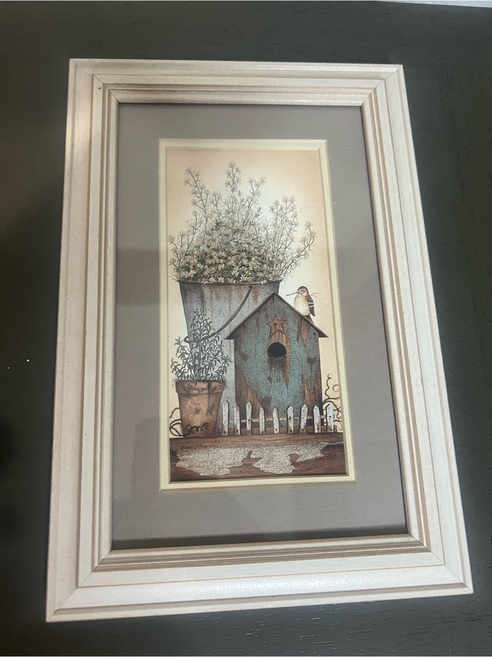 Framed Birdhouse Wall Art in White Frame with Teal Accents